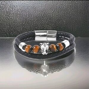 Genuine Leather Panther Tiger's Eye Stainless Steel Panther Head Bracelet